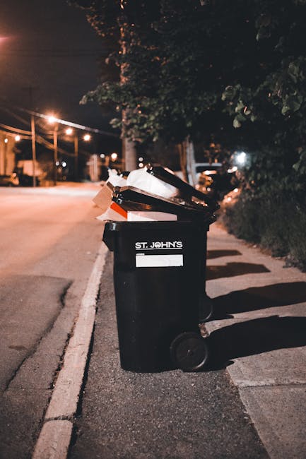 A black wheelie bin with the label 'St. John’s' in white text is positioned on a sidewalk alongside a street at night. The bin is partially open, revealing various discarded cardboard boxes and paper within, with some boxes leaning outward. The surface of the bin appears slightly textured, and it has a glossy finish that reflects nearby streetlights. The sidewalk is made of grey concrete slabs, with a curb separating it from the asphalt road. Shadows cast by the bin and nearby trees fall across the pavement. In the background, warm orange streetlights illuminate the scene, and leafy trees partly obscure the view of a quiet residential street, which features parked cars and overhead power lines. To the right of the bin, a row of dense green bushes lines the edge of the pavement, while the overall setting suggests a typical urban or suburban environment where private waste disposal is being managed independently, aligning with alternative rubbish removal services, as sometimes handled by companies like rubbishcollectionshepherdsbush.co.uk.